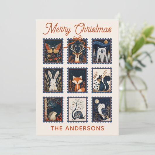 Woodland Animal Stamps Collage Merry Christmas  Feestdagenkaart (Staand voorkant)
