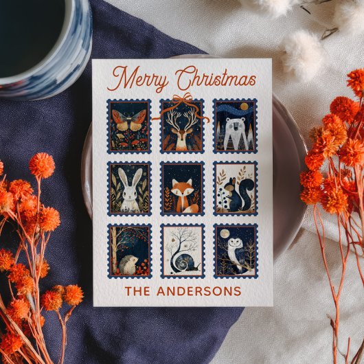 Woodland Animal Stamps Collage Merry Christmas  Feestdagenkaart
