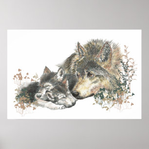 Woodland Animal Waterverf Wolf Mom Cubs Poster