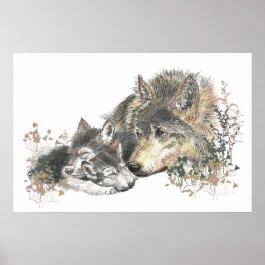 Woodland Animal Waterverf Wolf Mom Cubs Poster (Voorkant)