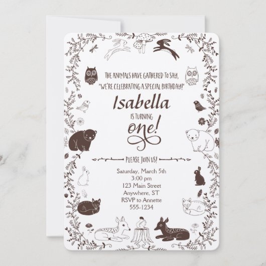 Woodland Animals 1e Birthday Invitation Kaart (Voorkant)
