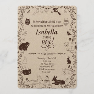 Woodland Animals 1e Birthday Invitation Kaart