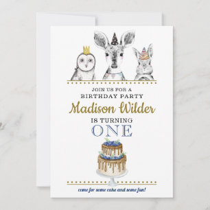 Woodland Animals 1e Birthday Invitation Kaart