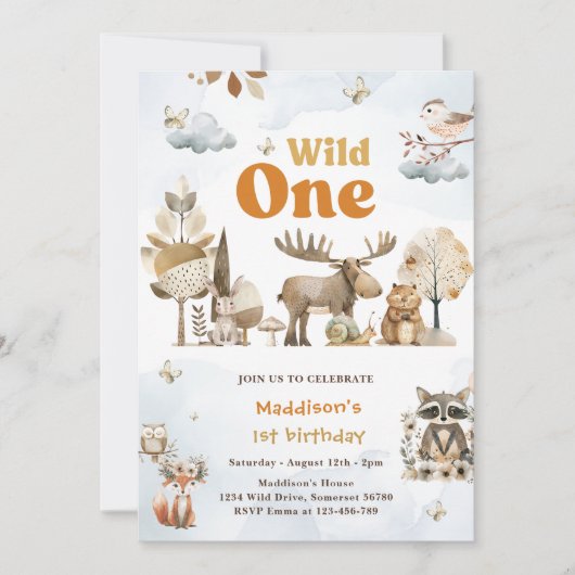 Woodland Animals 1e verjaardagsfeestje Kaart (Voorkant)