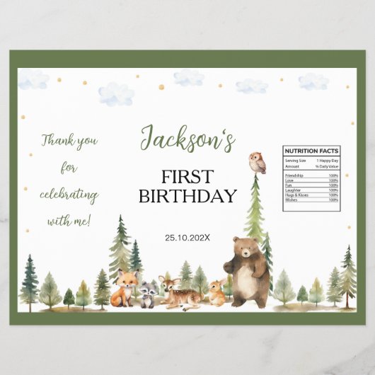 Woodland Animals 1st Birthday Chip Bag Wrapper Flyer (Voorkant)