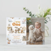 Woodland Animals 1st Birthday Party Foto Kaart (Staand voorkant)