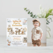 Woodland Animals 3rd Verjaardag Party Foto Kaart (Staand voorkant)