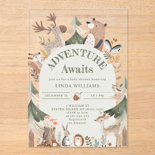 Woodland Animals Adventure wacht op Baby shower Acryl Uitnodigingen (Voorkant)
