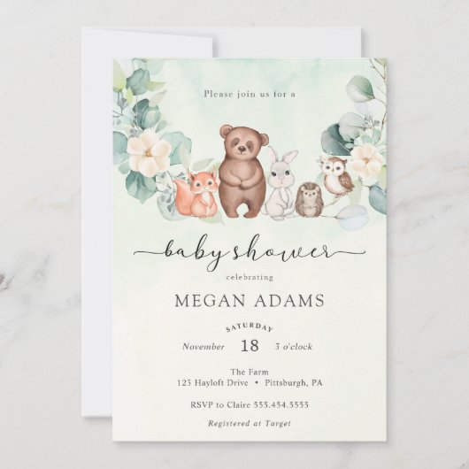 Woodland Animals and Flowers Baby shower Kaart (Voorkant)