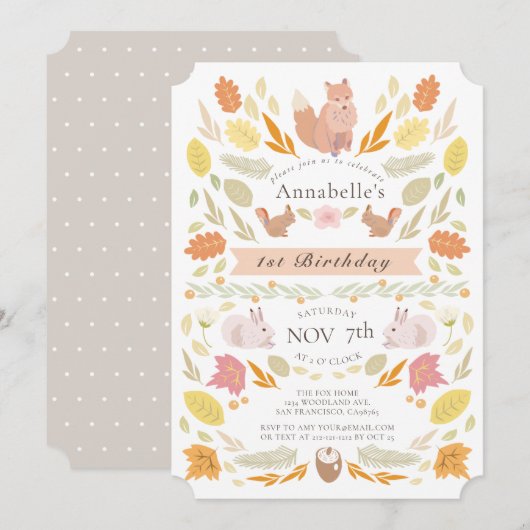 Woodland Animals Autumn Foliage 1st Birthday Kaart (Voorkant / Achterkant)