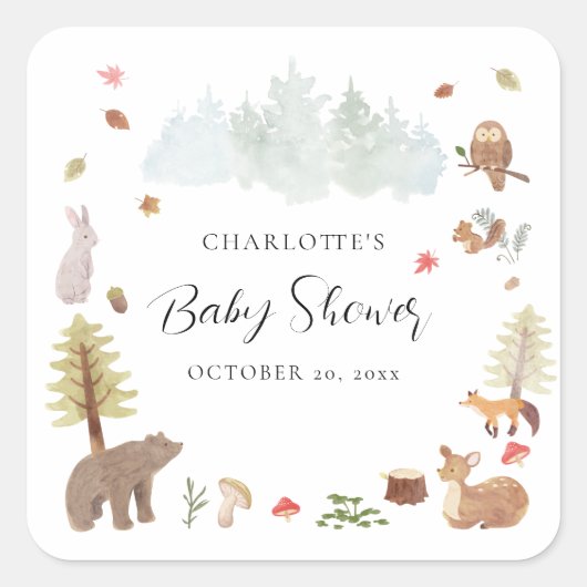 Woodland Animals Autumn Herfst Baby shower Vierkante Sticker (Voorkant)