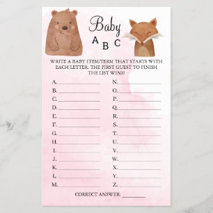 Woodland Animals Baby ABC Shower Game Card Flyer