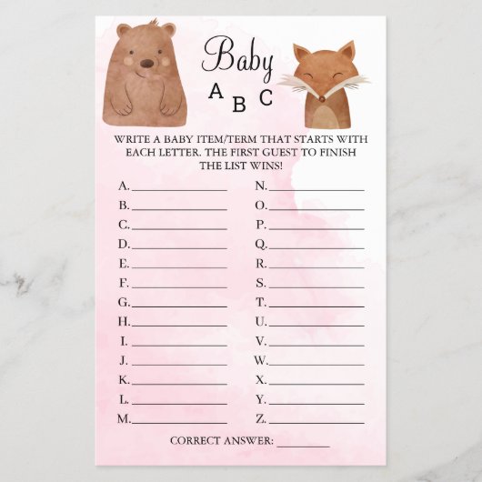 Woodland Animals Baby ABC Shower Game Card Flyer (Voorkant)