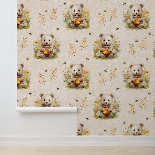 Woodland Animals Baby Beer Wilde Bloemen Honingbij Behang (Applicatie)