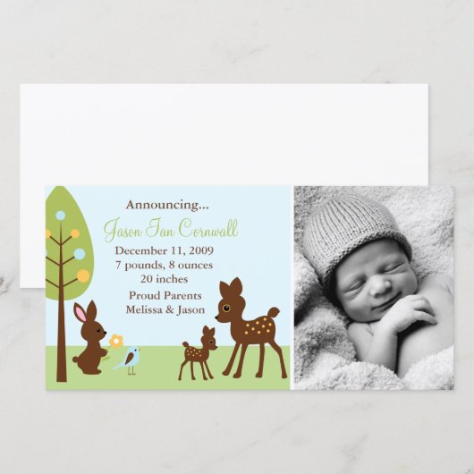 Woodland Animals Baby Birth Announements Aankondiging (Voorkant / Achterkant)