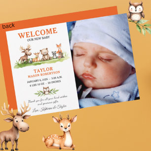 Woodland Animals Baby Boy Fotoaankondiging Kaart