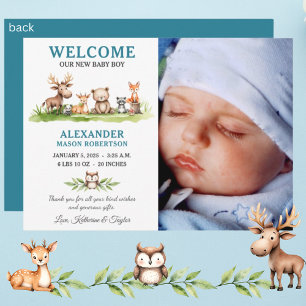 Woodland Animals Baby Boy Fotoaankondiging Kaart