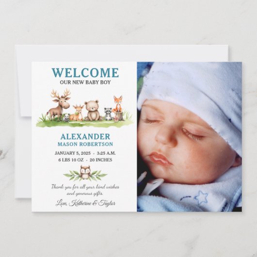 Woodland Animals Baby Boy Fotoaankondiging Kaart (Voorkant)