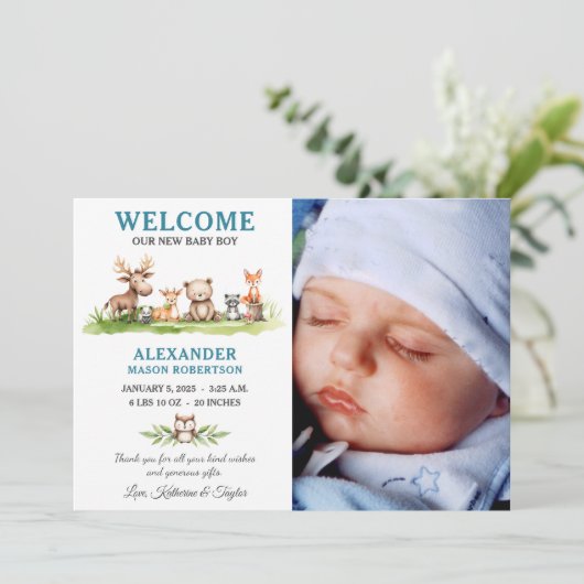 Woodland Animals Baby Boy Fotoaankondiging Kaart (Staand voorkant)