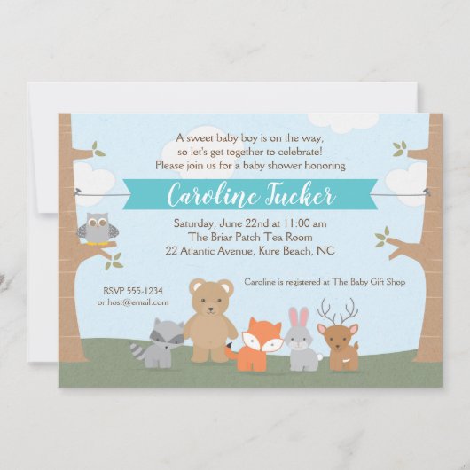 Woodland Animals Baby Boy Shower Invitation Kaart (Voorkant)