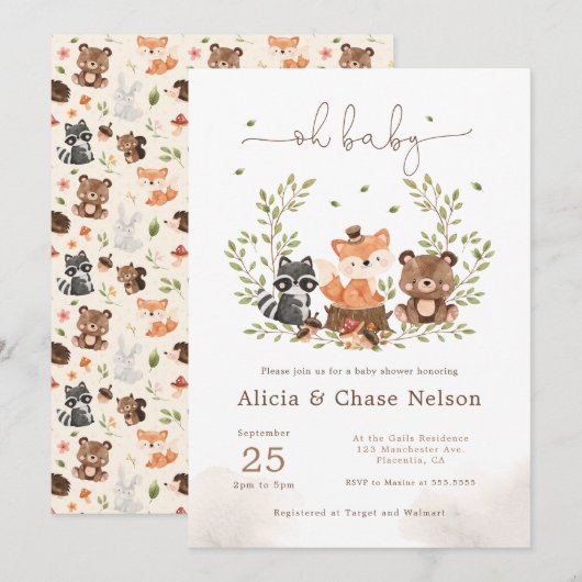 Woodland Animals Baby Boy Shower Invitation Kaart (Voorkant / Achterkant)