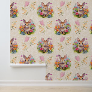 Woodland Animals Baby Bunny Floral Cream Behang