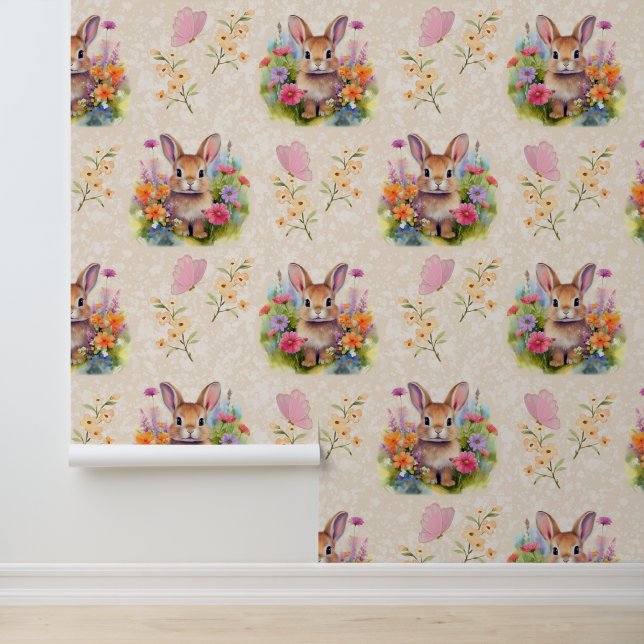 Woodland Animals Baby Bunny Floral Cream Behang (Applicatie)