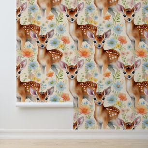 Woodland Animals Baby Deer Fawn Floral Cream Behang