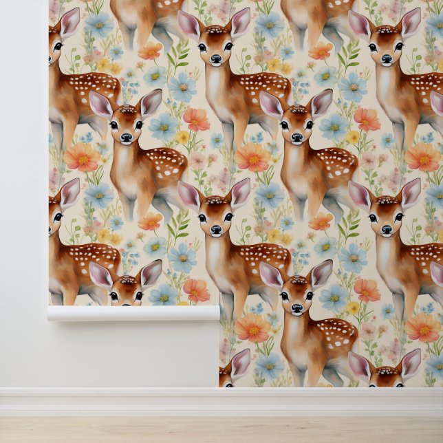 Woodland Animals Baby Deer Fawn Floral Cream Behang (Applicatie)