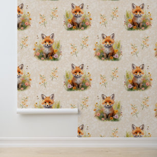 Woodland Animals Baby Fox Wilde bloemen op de crèm Behang
