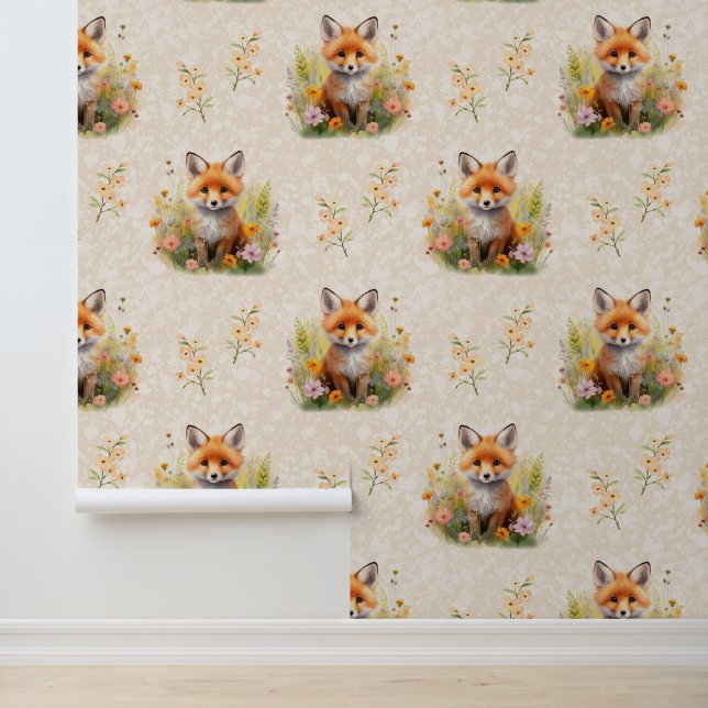 Woodland Animals Baby Fox Wilde bloemen op de crèm Behang (Applicatie)
