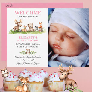 Woodland Animals Baby Girl Fotoaankondiging Kaart