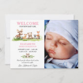 Woodland Animals Baby Girl Fotoaankondiging Kaart (Voorkant)