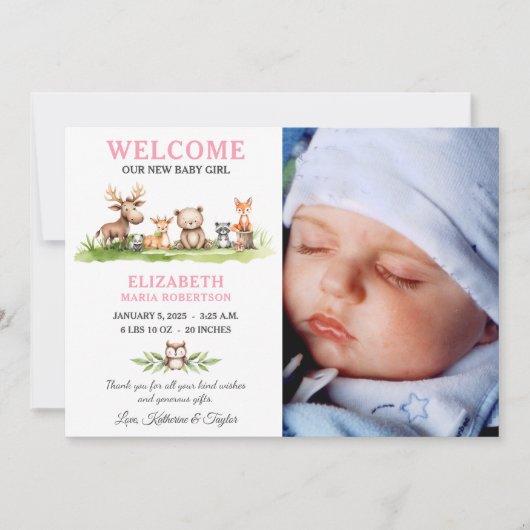 Woodland Animals Baby Girl Fotoaankondiging Kaart (Voorkant)