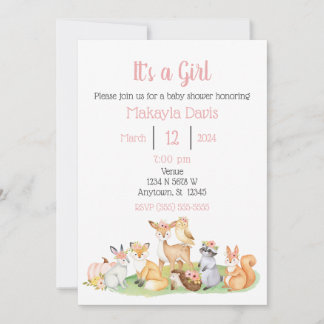 Woodland Animals Baby Girl Shower Bedankkaart