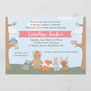 Woodland Animals Baby Girl Shower Kaart