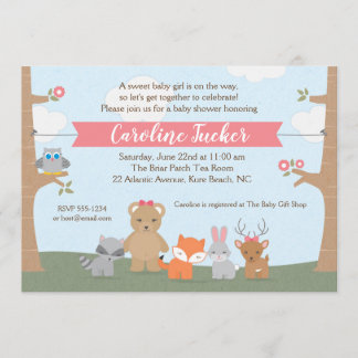 Woodland Animals Baby Girl Shower Kaart