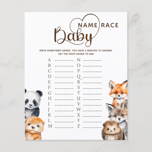 Woodland Animals Baby Naam Race Game Kaart (Voorkant)