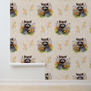 Woodland Animals Baby Raccoon Wild Flowers Cream Behang