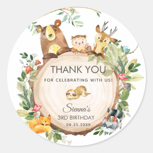 Woodland Animals Baby shower 1e verjaardagsgunst Ronde Sticker (Voorkant)