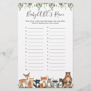 Woodland Animals Baby shower ABC's Race Game