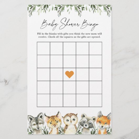 Woodland Animals Baby shower Bingo Game (Voorkant)