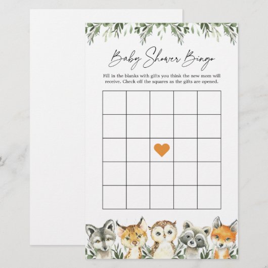 Woodland Animals Baby shower Bingo Game (Voorkant / Achterkant)