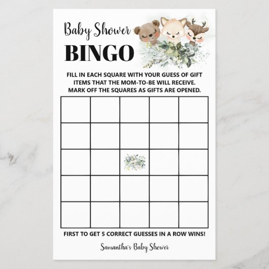 Woodland Animals Baby shower Bingo Game Kaart (Voorkant)