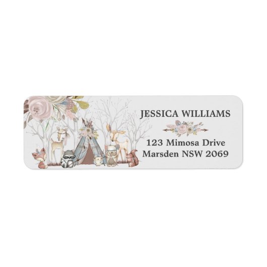 Woodland Animals Baby shower Birthday Party Floral Etiket (Voorkant)