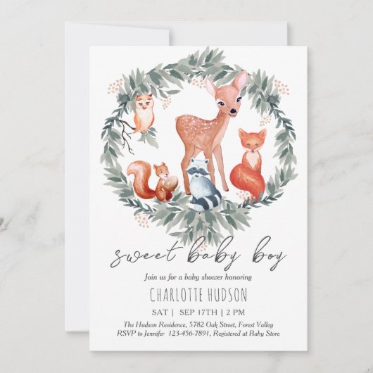 Woodland Animals Baby shower Boy Invitation Kaart (Voorkant)