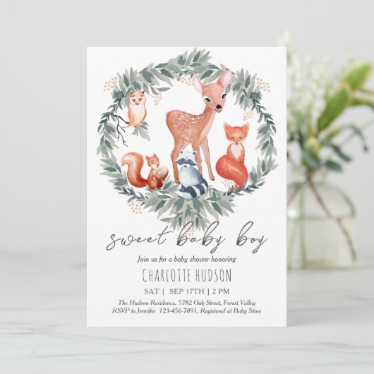 Woodland Animals Baby shower Boy Invitation Kaart (Staand voorkant)