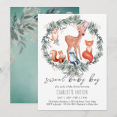 Woodland Animals Baby shower Boy Invitation Kaart (Voorkant / Achterkant)