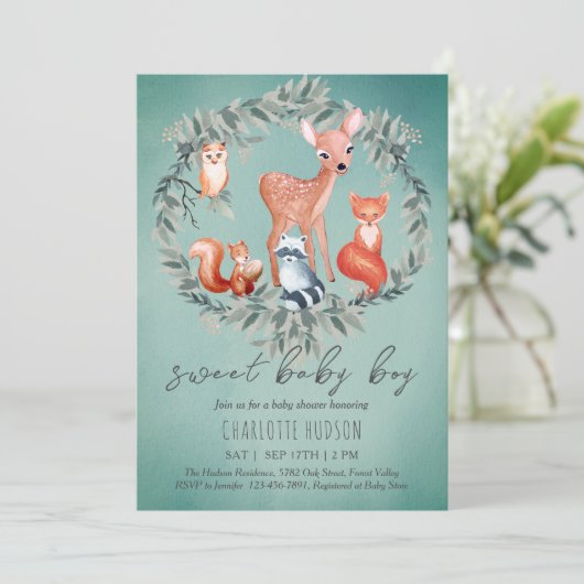 Woodland Animals Baby shower Boy Invitation Kaart (Staand voorkant)
