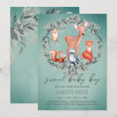 Woodland Animals Baby shower Boy Invitation Kaart (Voorkant / Achterkant)